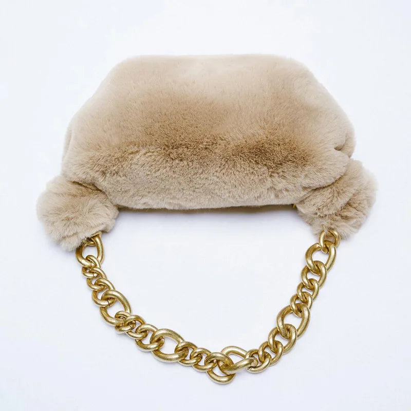 Thick Chains Hobos Women Shoulder Bags Lady Handbag Faux Fur Hand Bags