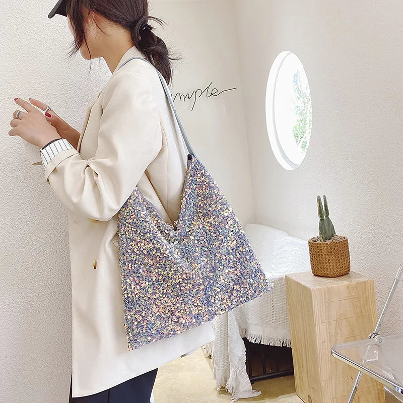 Sparkling Tote Bag for Women Sequins Shoulder Shopper Bags