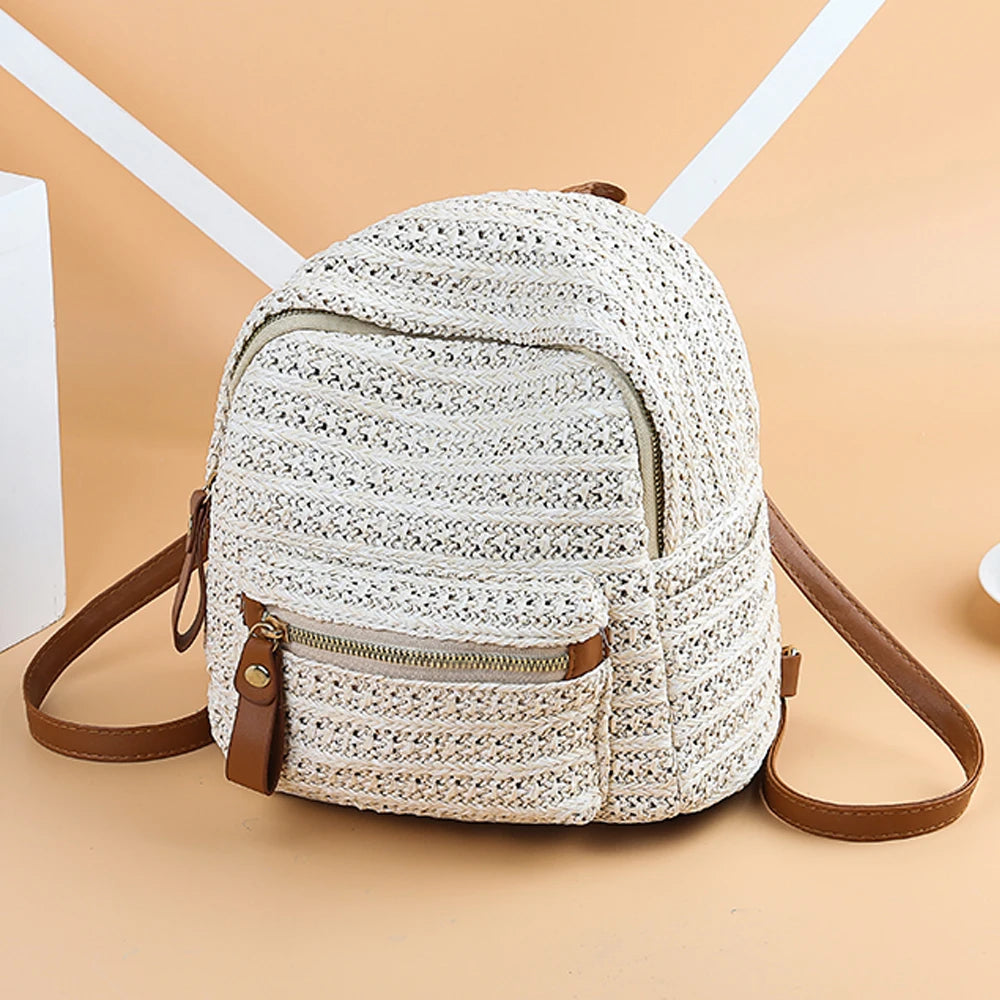 Women Anti-Theft Straw Mini Backpack Summer Shoulder Bag