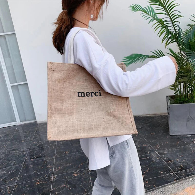 Women's Linen Letter Handbags Large Capacity Tote