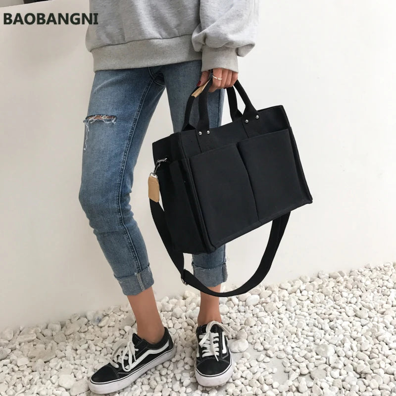 Canvas Tote Handbag Wide Strap Shoulder Bag