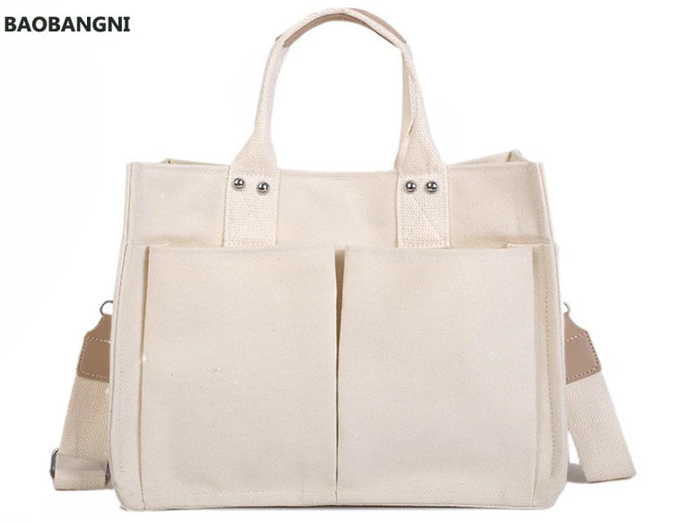 Canvas Tote Handbag Wide Strap Shoulder Bag