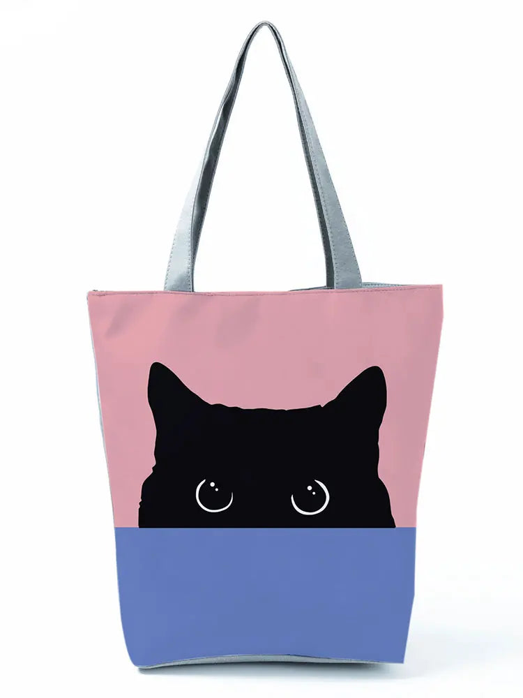 Cat Printed Fabric Eco Handbag High Capacity Reusable Shoulder Bag