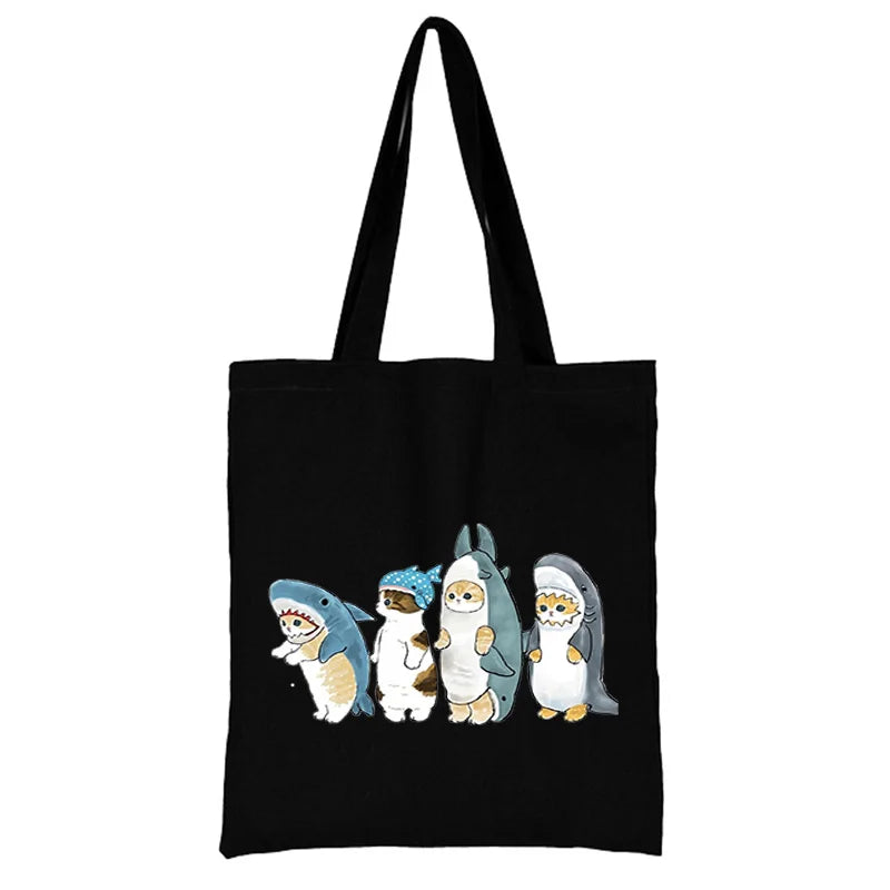 Cat Shopping Bag Woman Shopper Folding Canvas Tote Travel Bags Handbags Beach