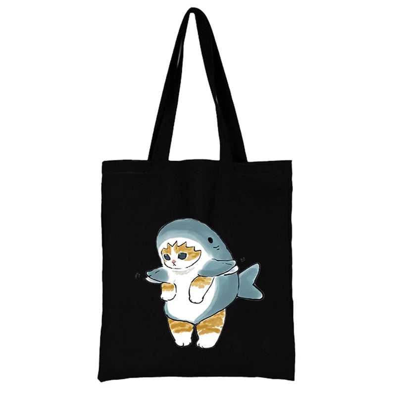 Cat Shopping Bag Woman Shopper Folding Canvas Tote Travel Bags Handbags Beach