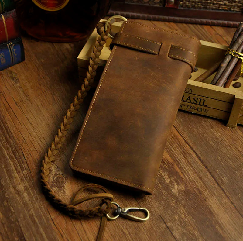 Crazy Horse Leather Chain Wallet Purse Handbag For Men