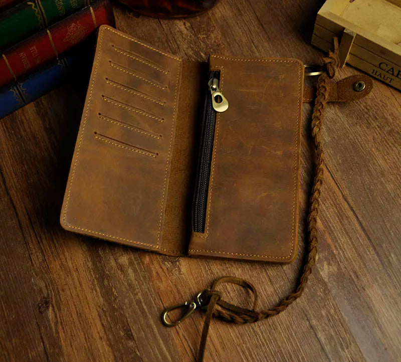 Crazy Horse Leather Chain Wallet Purse Handbag For Men