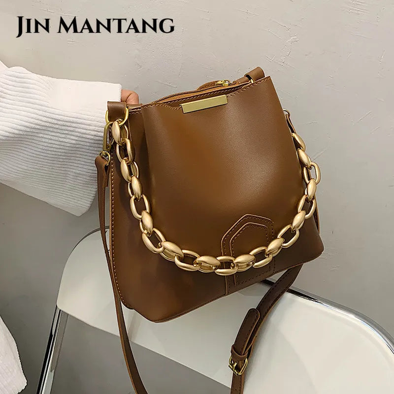 Chain Bucket Shoulder Bags Women Handbags Crossbody Totes Solid PU Leather