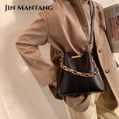 Chain Bucket Shoulder Bags Women Handbags Crossbody Totes Solid PU Leather