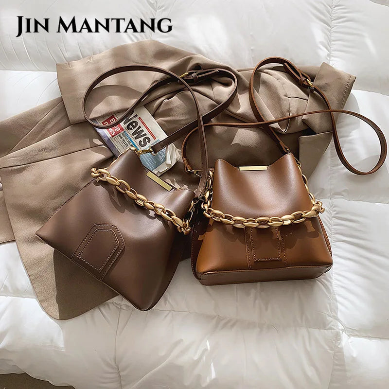 Chain Bucket Shoulder Bags Women Handbags Crossbody Totes Solid PU Leather