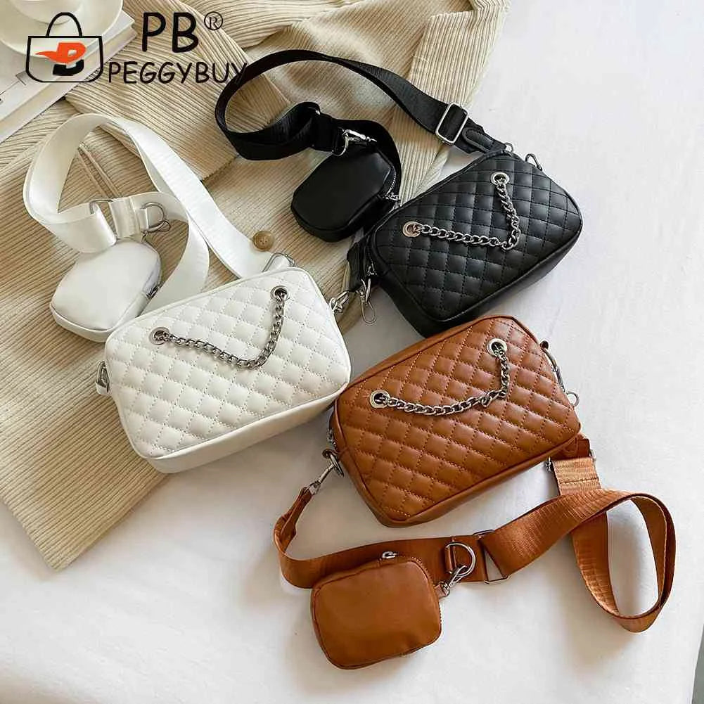 Embroidered Rhombic Lattice Square Bag with Small Purse for Vacation