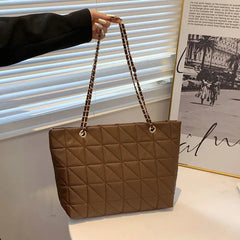 Brown Chain Quilted Shoulder Bag Large Tote Bag Zipper Leather Sh