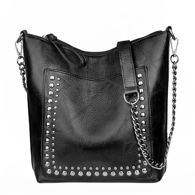 Rivet Chain Shoulder Bag Soft Leather Bucket Bag