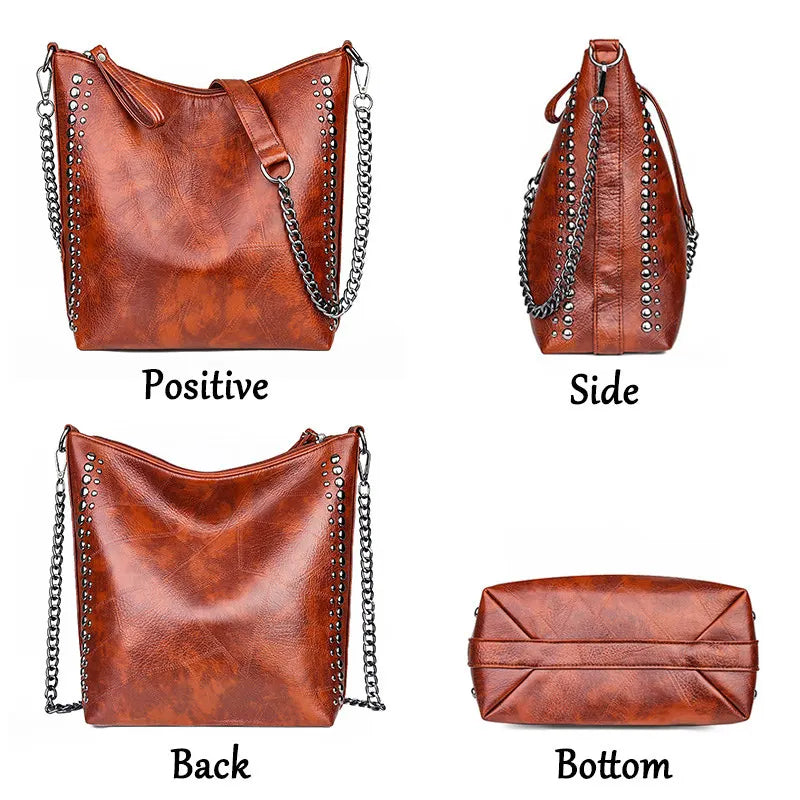 Rivet Chain Shoulder Bag Soft Leather Bucket Bag