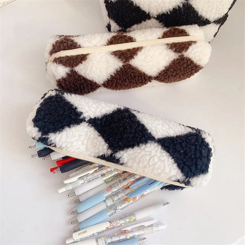 Checkerboard Flannel Pencil Case Large Capacity Stationery Bag