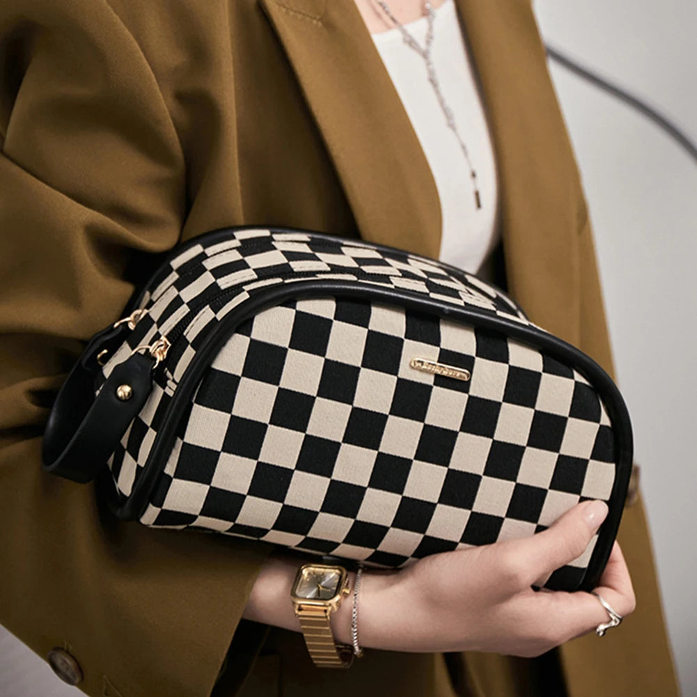 Checkerboard Plaid Cosmetic Bag Double Zipper Toiletry Bag