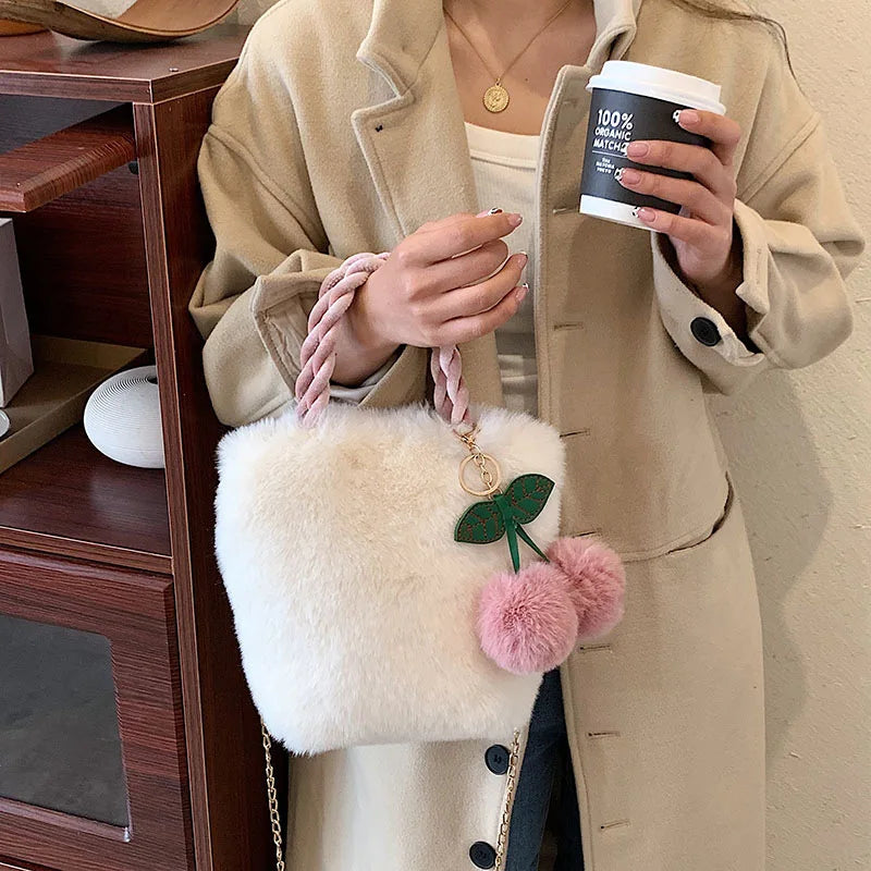 Cherry Girl Plush Handbag Chain Crossbody Bag Winter Women Purses