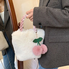 Cherry Girl Plush Handbag Chain Crossbody Bag Winter Women Purses