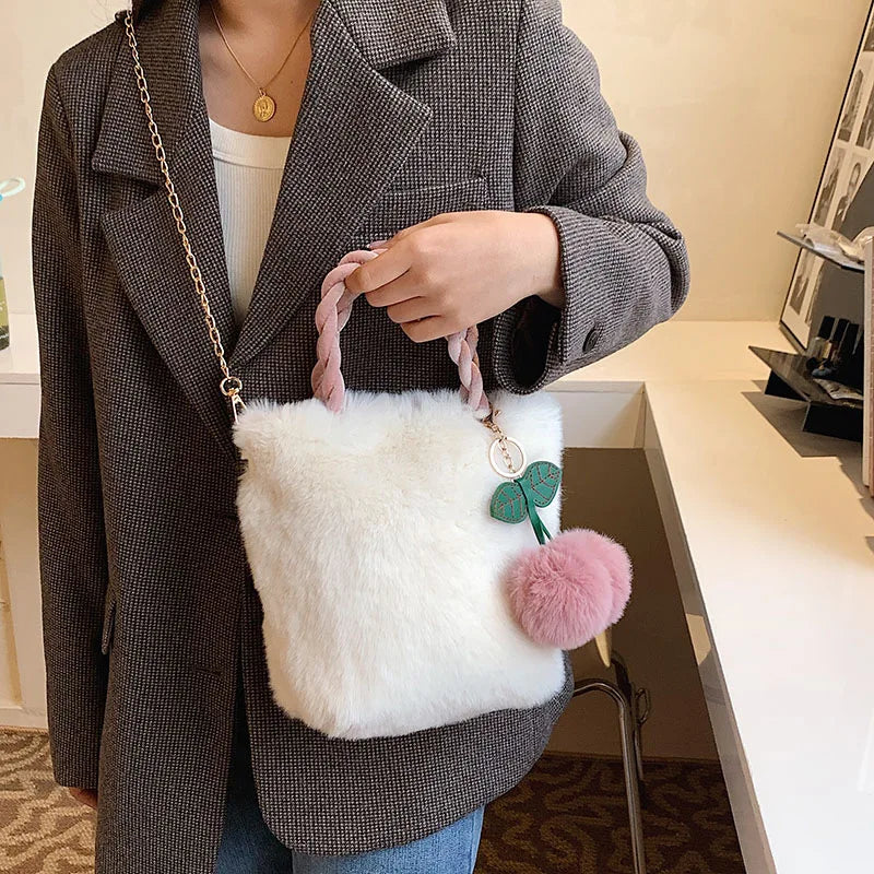Cherry Girl Plush Handbag Chain Crossbody Bag Winter Women Purses