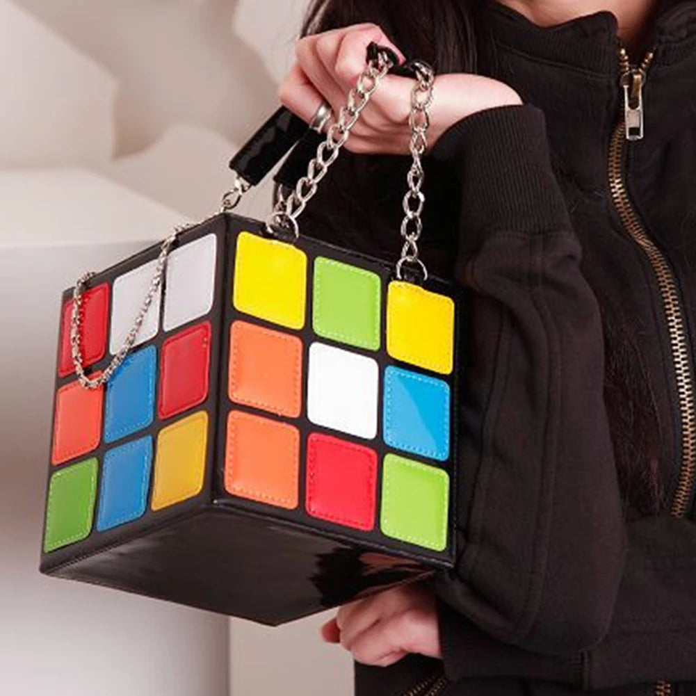 Cubic Shape Box Women Handbags Chains Tote Pu Leather Messenger Bag