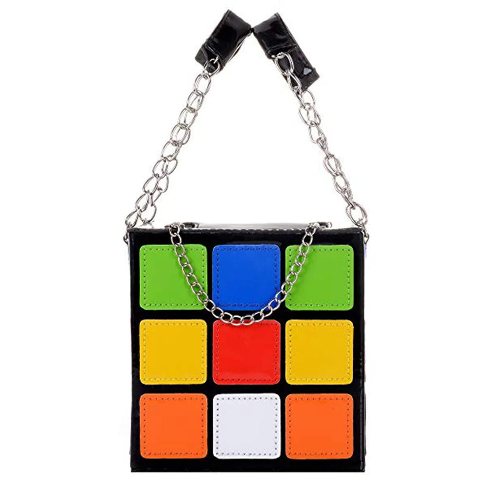 Cubic Shape Box Women Handbags Chains Tote Pu Leather Messenger Bag
