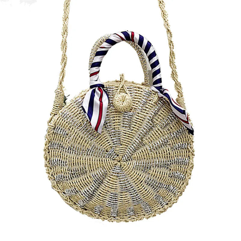 Vintage Rattan Woven Round Handbag Straw Messenger Bag