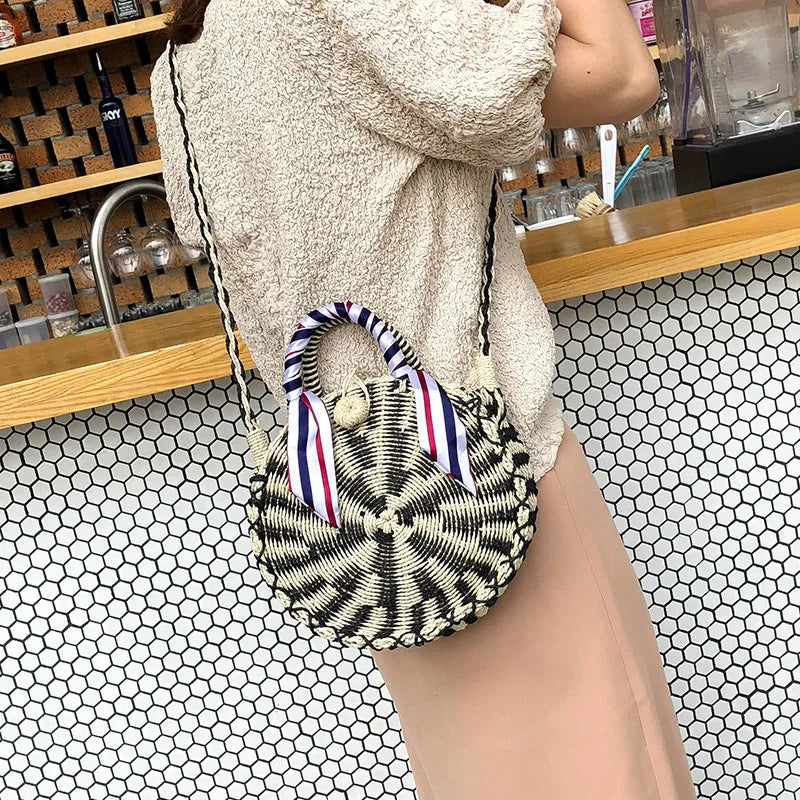 Vintage Rattan Woven Round Handbag Straw Messenger Bag