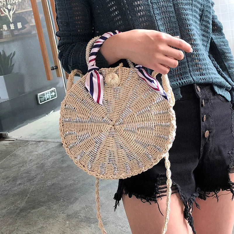 Vintage Rattan Woven Round Handbag Straw Messenger Bag