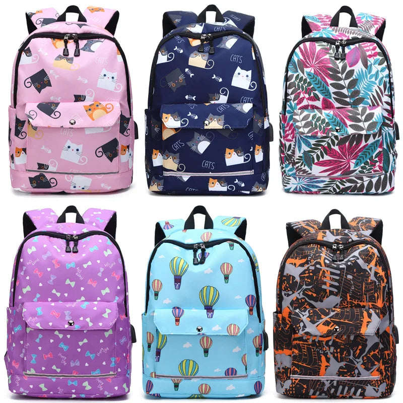 Reflective School Backpack USB Charging Waterproof Bag