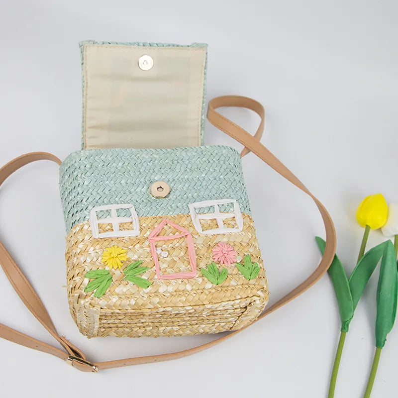 Kids Straw Woven Bag Small House Rattan Handbag Backpack