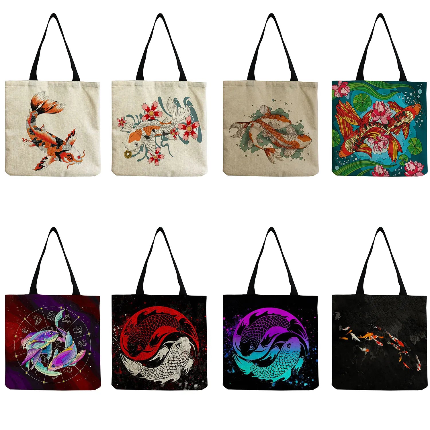 Chinese Fish Print Women's Shoulder Bag High Capacity Travel Handbag