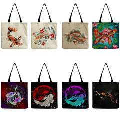 Chinese Fish Print Women's Shoulder Bag High Capacity Travel Handbag