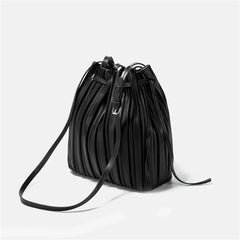 ChongJing PU Leather Shoulder Bag Pleated Stripe Bucket Bag Ladies Crossbody Bag