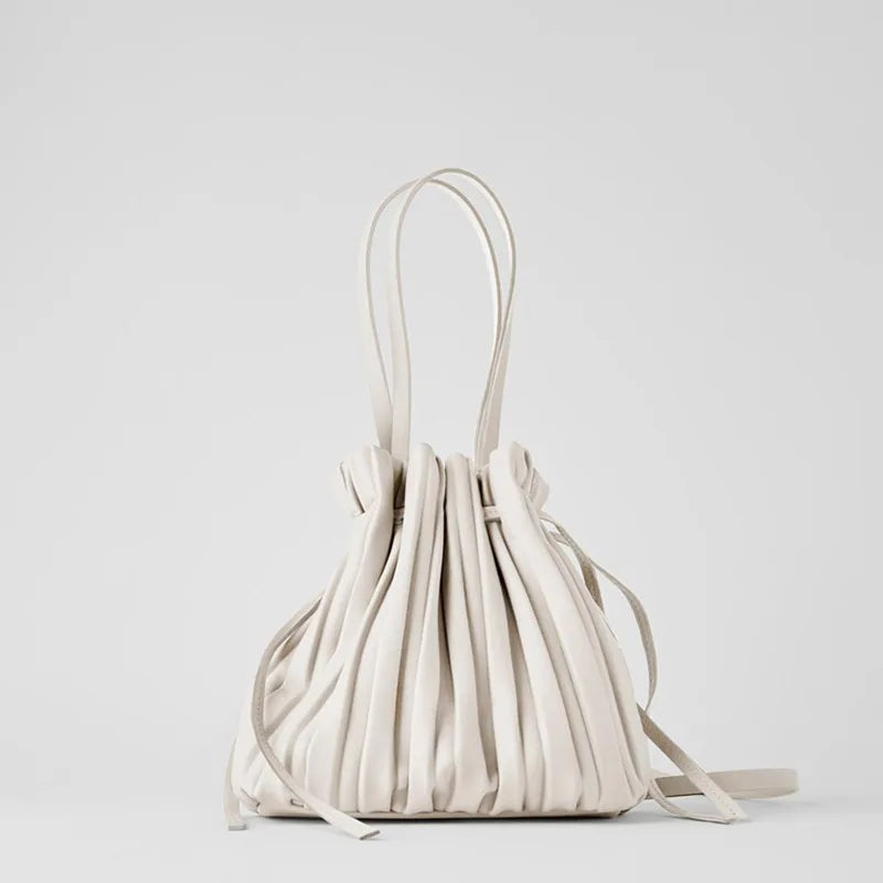 ChongJing PU Leather Shoulder Bag Pleated Stripe Bucket Bag Ladies Crossbody Bag