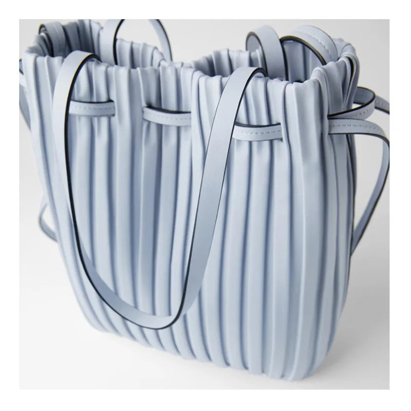 ChongJing PU Leather Shoulder Bag Pleated Stripe Bucket Bag Ladies Crossbody Bag
