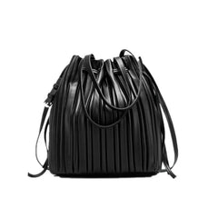 ChongJing PU Leather Shoulder Bag Pleated Stripe Bucket Bag Ladies Crossbody Bag