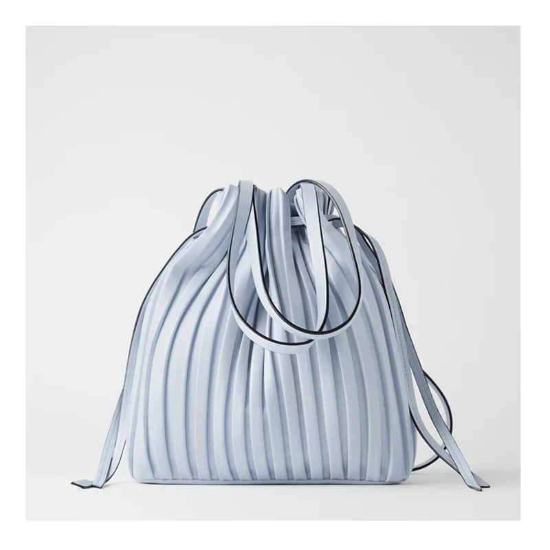 ChongJing PU Leather Shoulder Bag Pleated Stripe Bucket Bag Ladies Crossbody Bag
