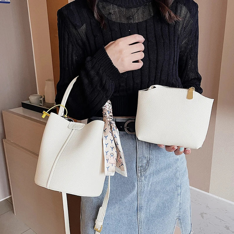 Women Leather Bucket Bag Long Strap Shoulder Satchel