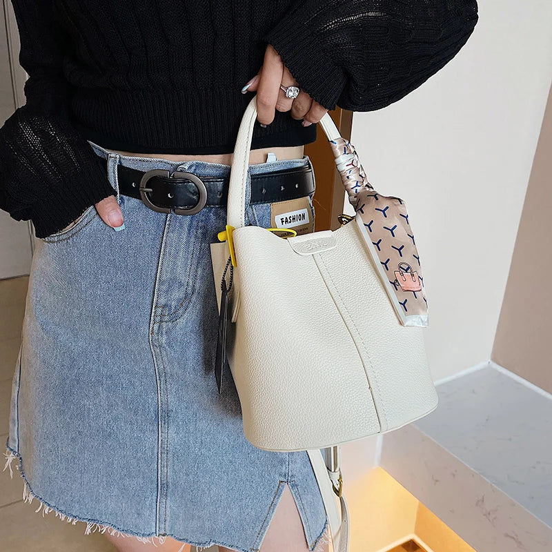Women Leather Bucket Bag Long Strap Shoulder Satchel