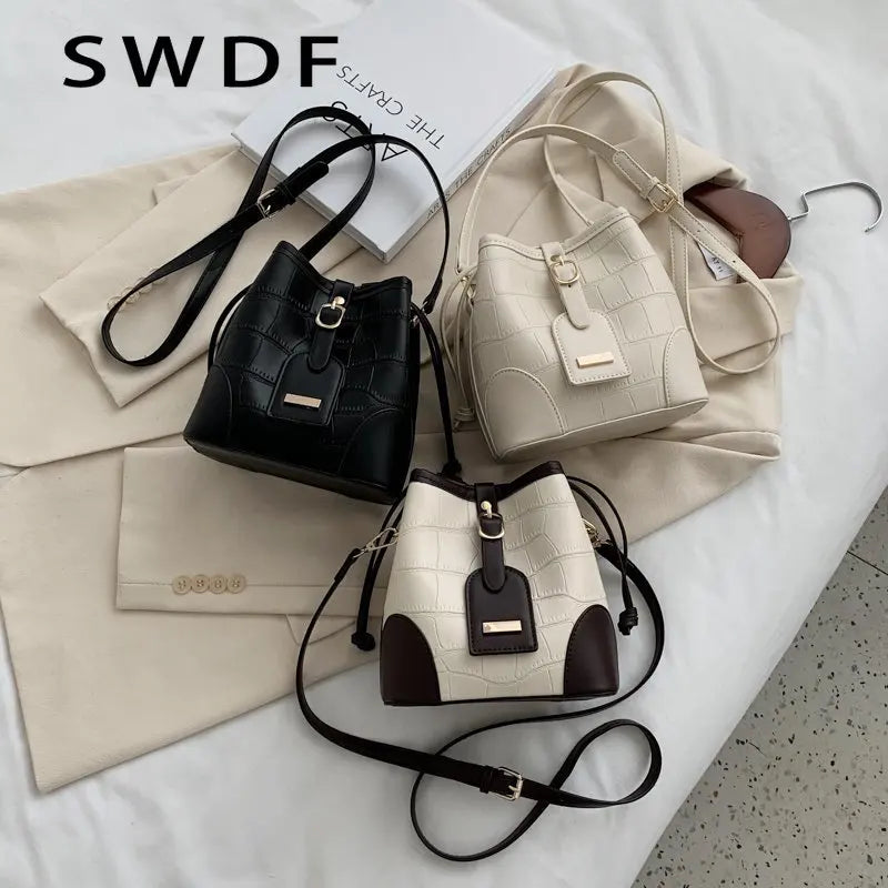 Vintage Small Women Bucket Bags PU Leather Shoulder Bags Drawstring Cross body