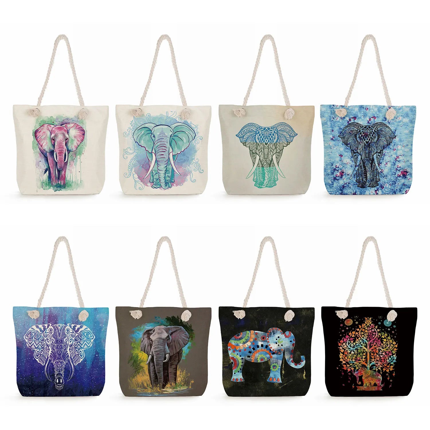 Elephant Tote Bags Animal Printing Handbags Thick Rope Shopping Bags