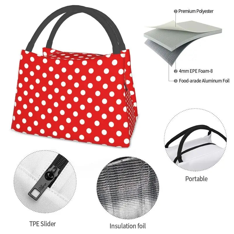 Red Polka Dots Reusable Lunch Box Thermal Cooler Insulated Bag