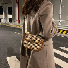 Retro Houndstooth Shoulder Bag Women Saddle Autumn Ribbon Strap