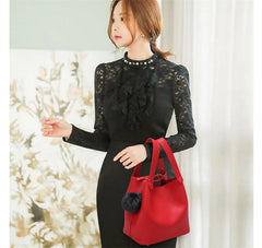 Classic Lady's Handbag Soft PU Metal Button National Style Hair Ball tassel Sing