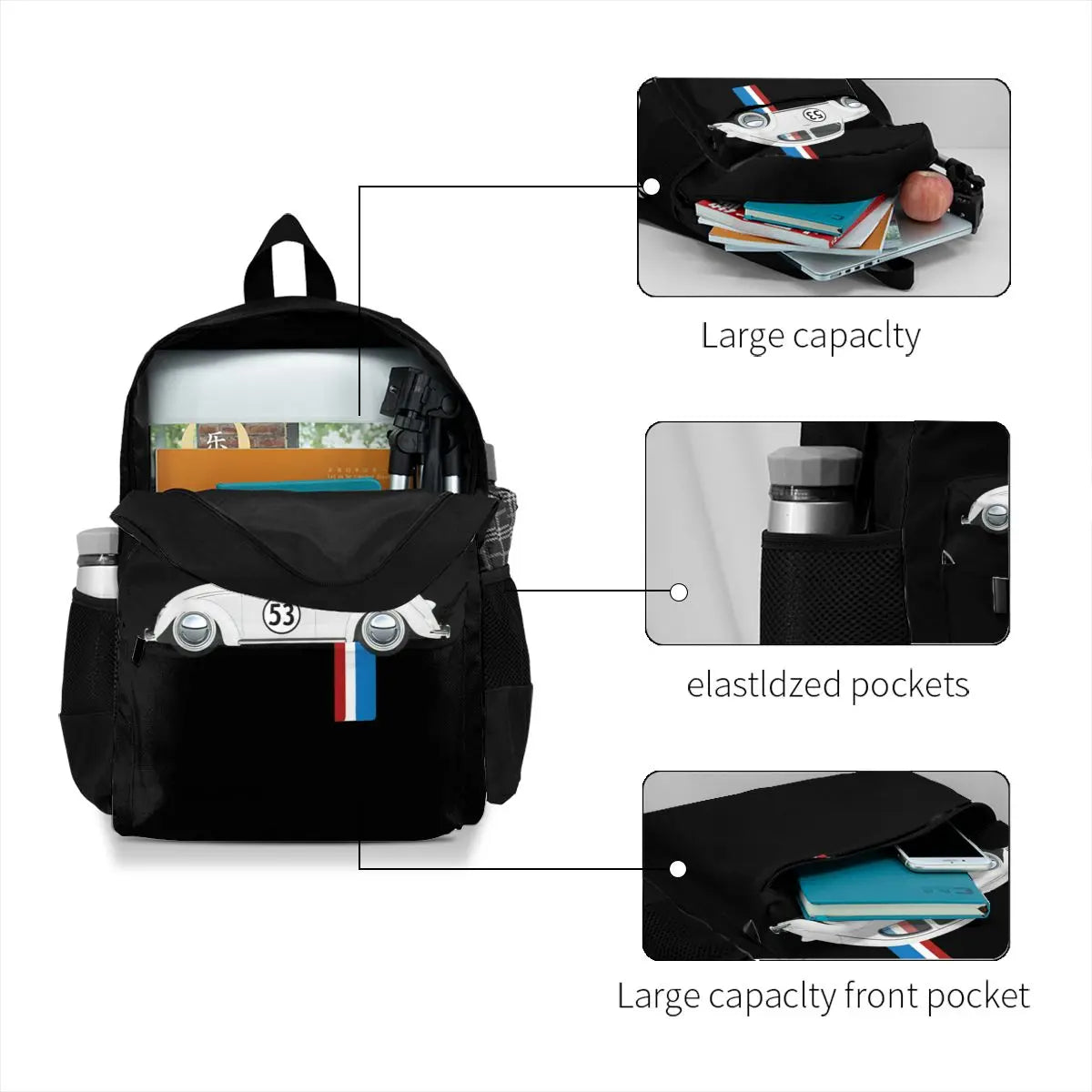 Classic Vintage Car Oldtimer 53 Bug Buggy Beetle Herbie Large Capacity Backpack