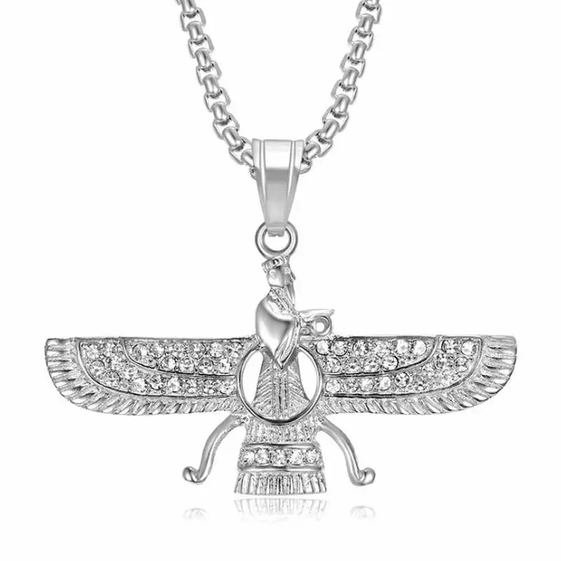 Zoroastrian Faravahar Symbol Pendant Necklace Rhinestone Bling Men's Amulet