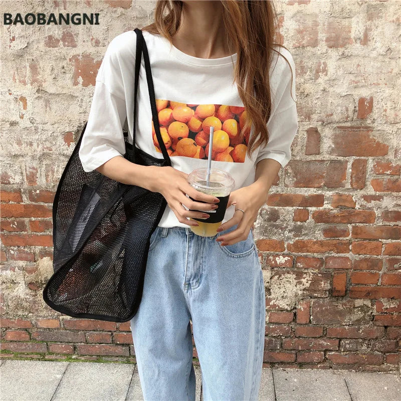 Clear Mesh Shoulder Bag Women Beach Bag Canvas Shopping Bag