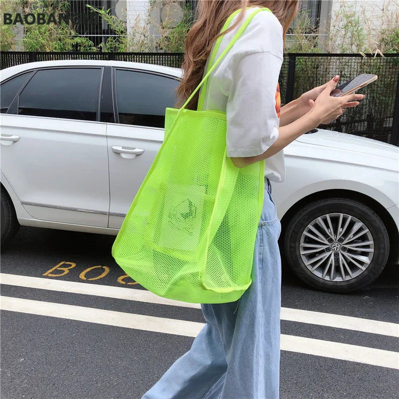 Clear Mesh Shoulder Bag Women Beach Bag Canvas Shopping Bag