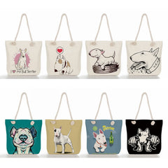 Funny Bull Terrier Dog Tote Bag High Capacity Linen Women Handbag
