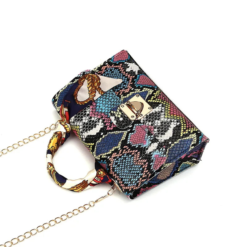 Snake Pattern Silk Scarf Handbag Chain Shoulder Crossbody Bag